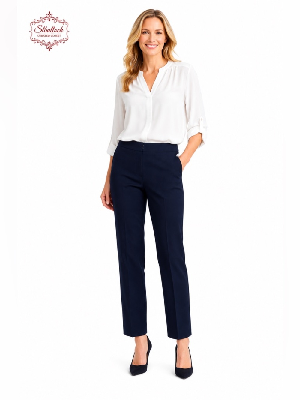 P38 Bar III Navy Blue Slim Straight Dress Slacks Size 12 Stretch Career Pants